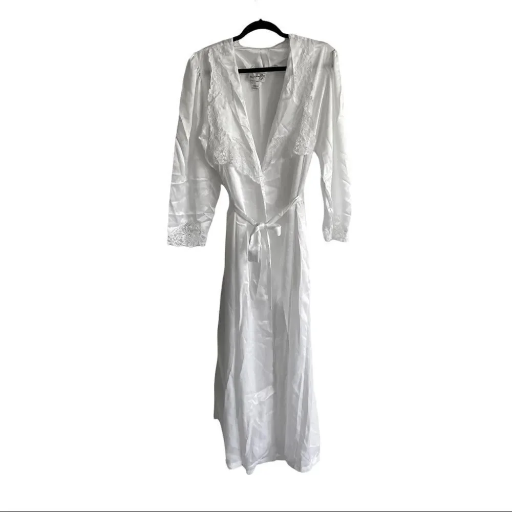 UNMENTIONABLES Vintage White Satin Robe With Belt Lace S